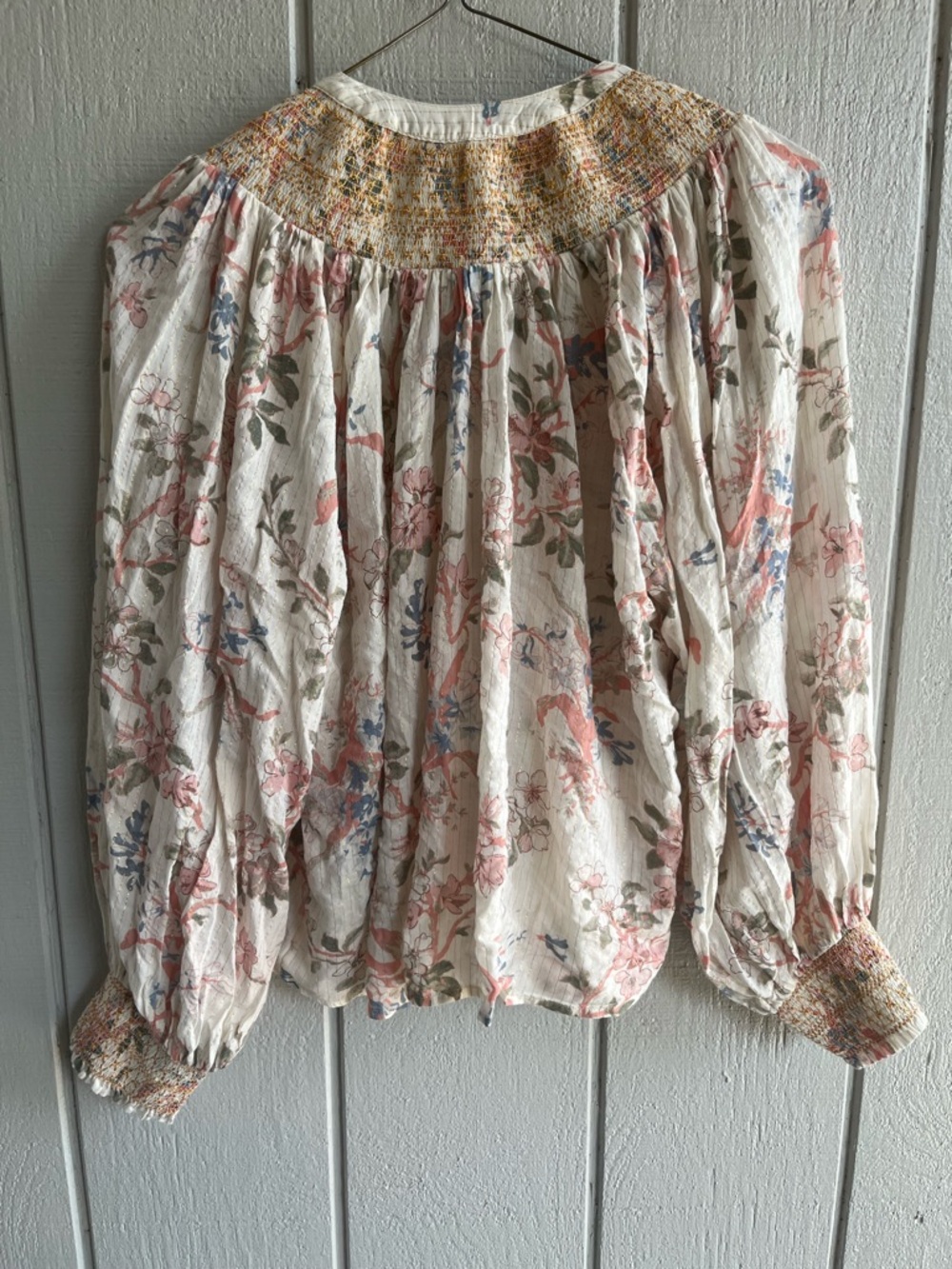 Anthropologie Viscose Long Sleeve Smocked Lurex Top Floral Print Tassels Size M - Picture 6 of 10